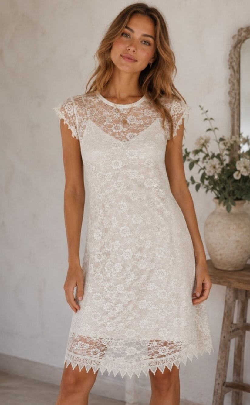 Unique Vintage Lace Midi Dress with Faux Crystal Back Button Closure